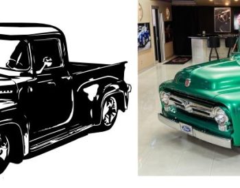 Comparison of plasma-cut truck artwork design next to finished custom classic truck.