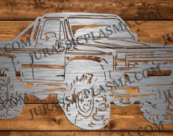 Brushed metal wall art silhouette of a lifted pickup truck mounted on a rustic wooden plank background.